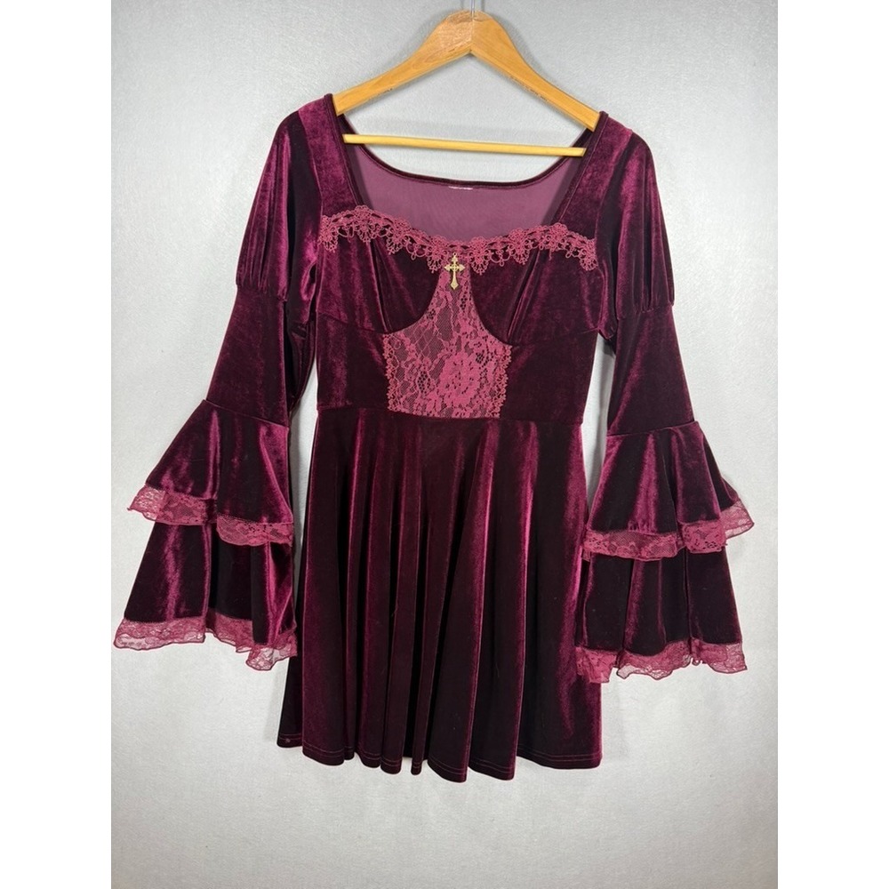 Burgundy Crushed Velvet Womens Bell Sleeve Dress Sz S Whimsigoth Vamp Ren Faire
